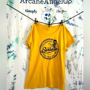 Leather face barbecue funny horror T-shirt golden yellow women’s tee